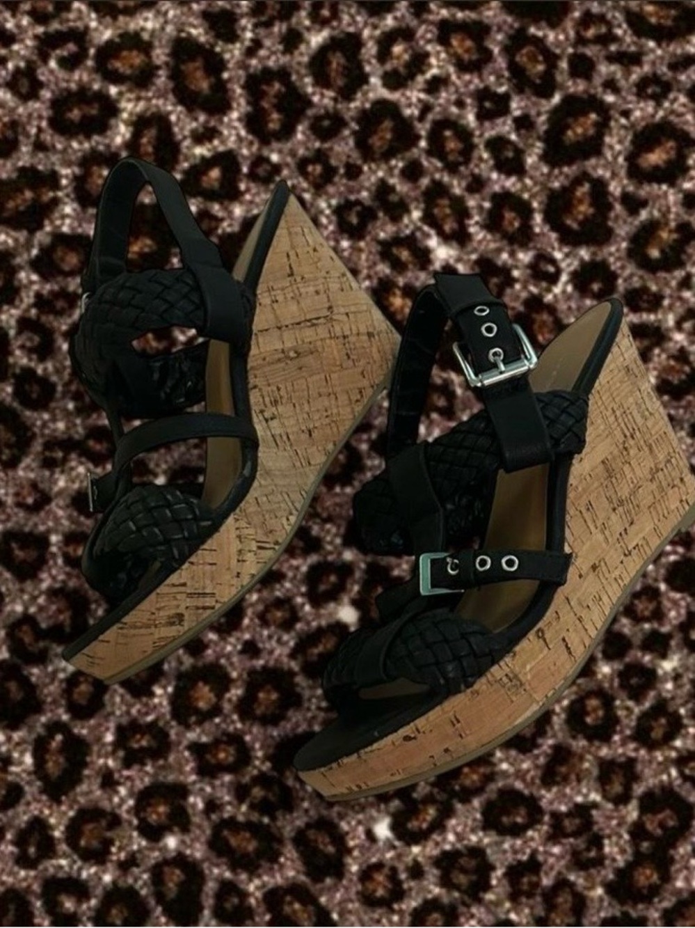 George Black Braided Cork Platform Wedge Sandals